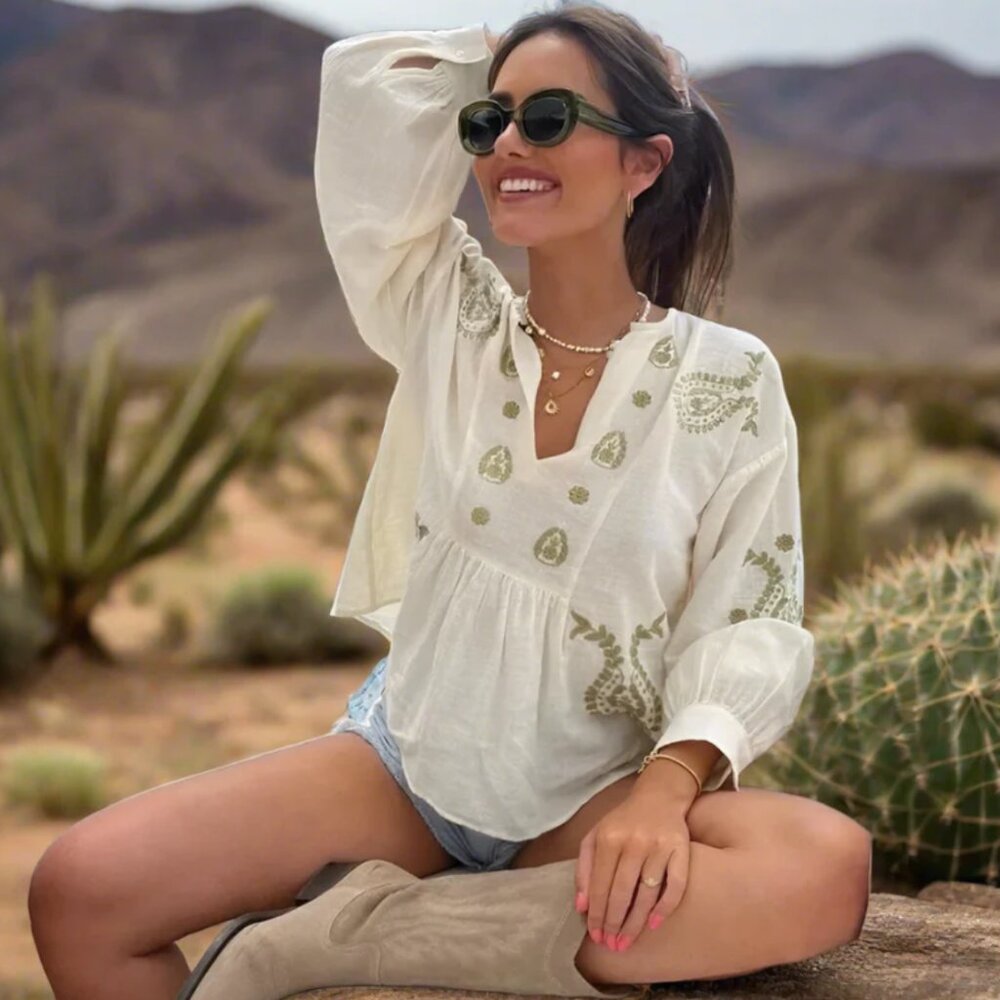 Zara White Blouse with Olive Green Embroidery